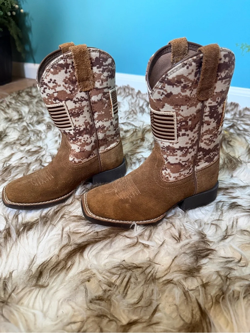 Ariat Kids Sport Patriot Western Boots Suede Camo American Flag Square Toe US 11